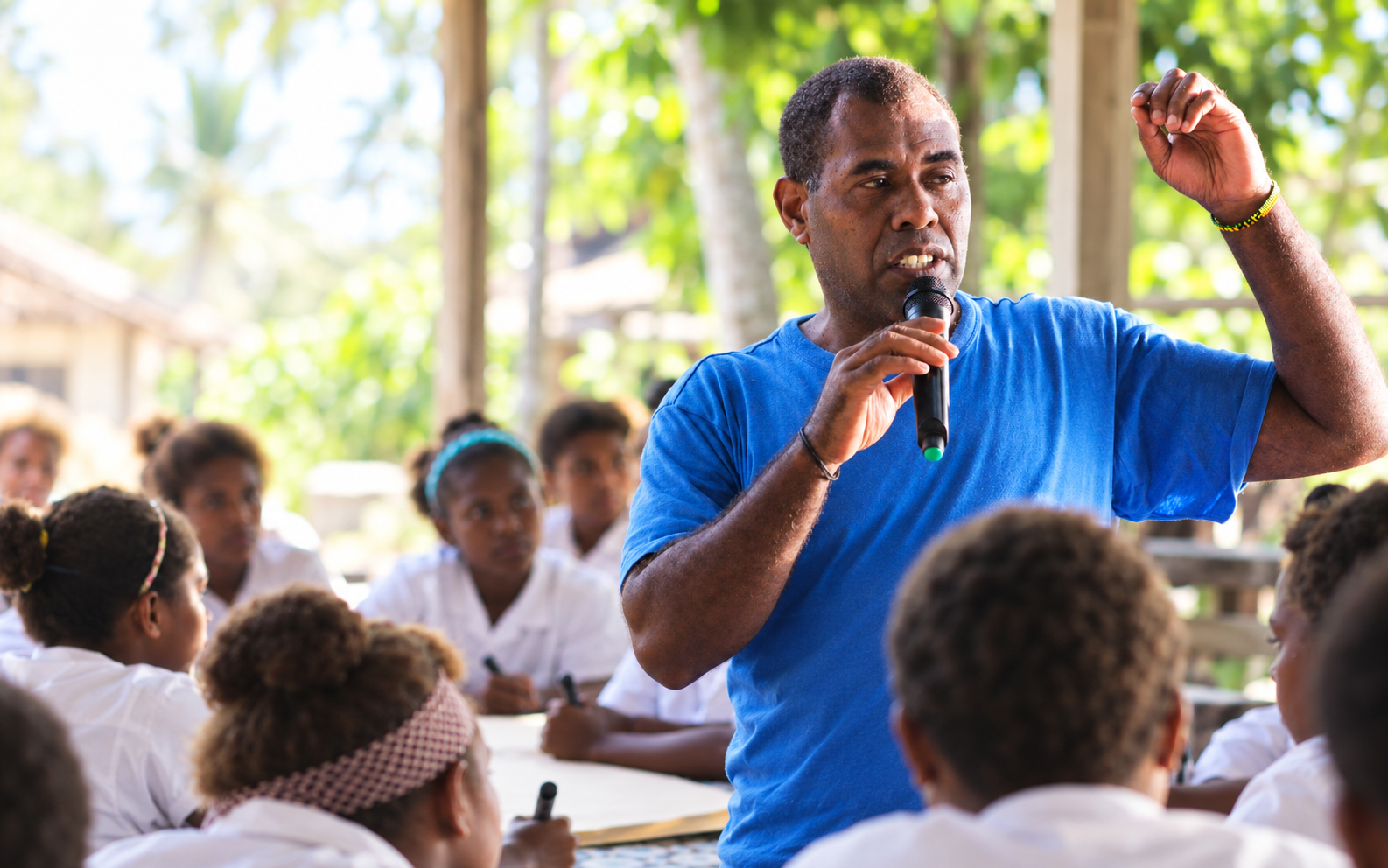 Transparency Vanuatu civic educator speaking with students